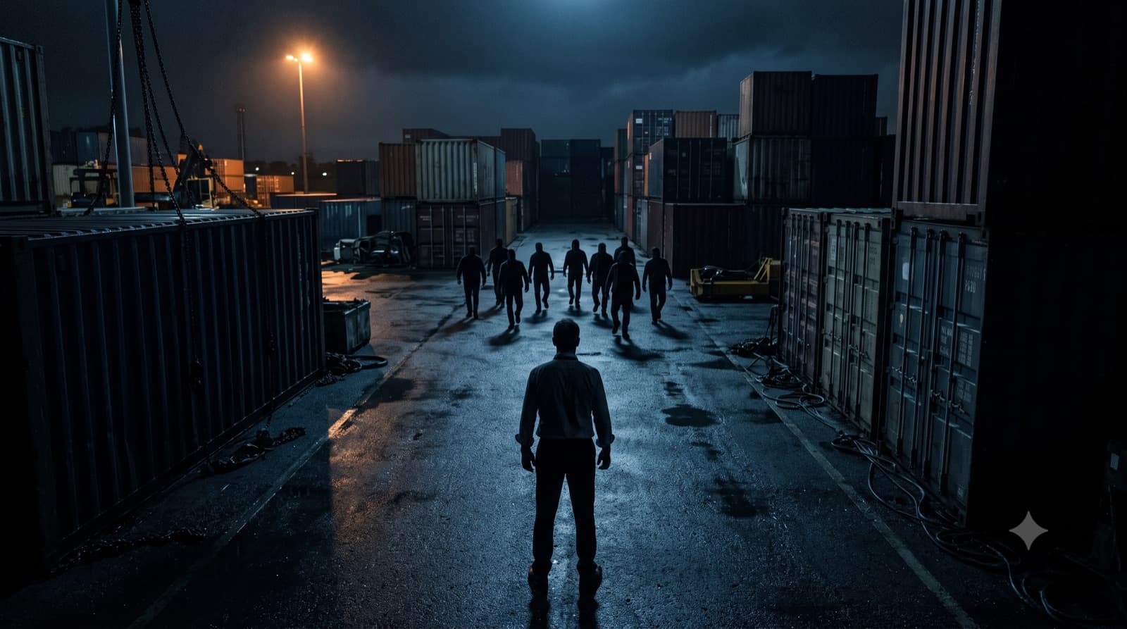 A lone man in an office shirt standing in a dark container yard at night as shadowy figures approach