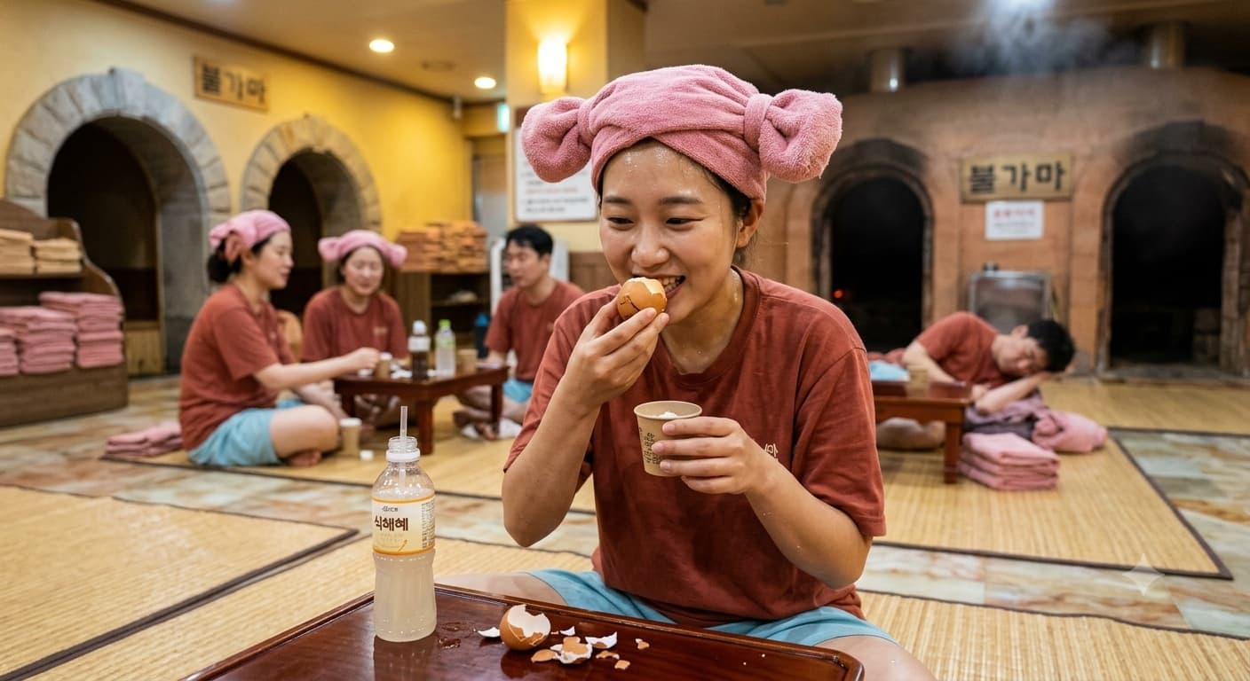 Illustration of people in jjimjilbang uniforms and sheep-head towels eating baked eggs and sikhye in a Korean sauna hall