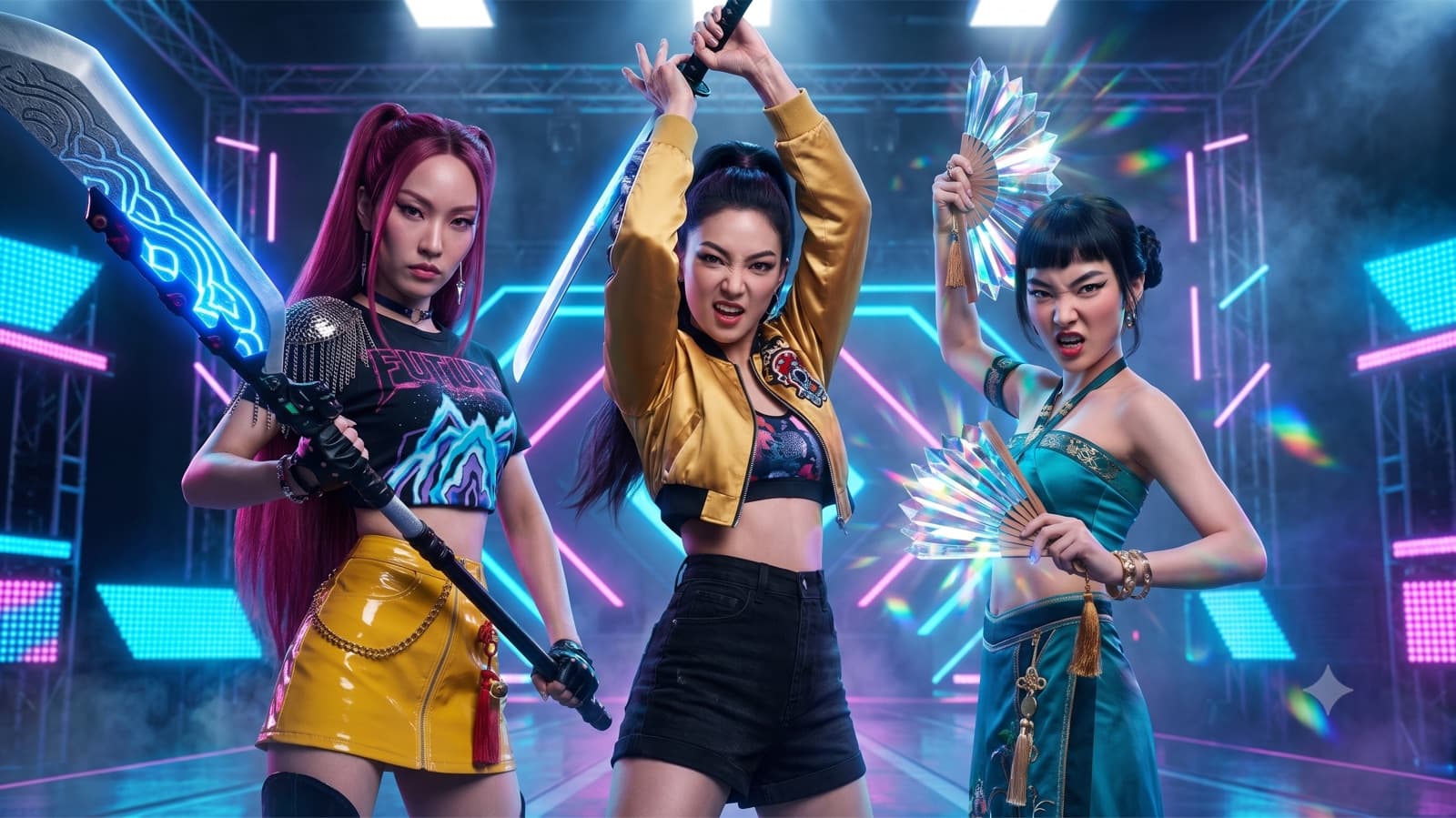 Three K-pop performers in Huntr/X-inspired styling posing with a sword, blade, and crystal fans on a neon stage