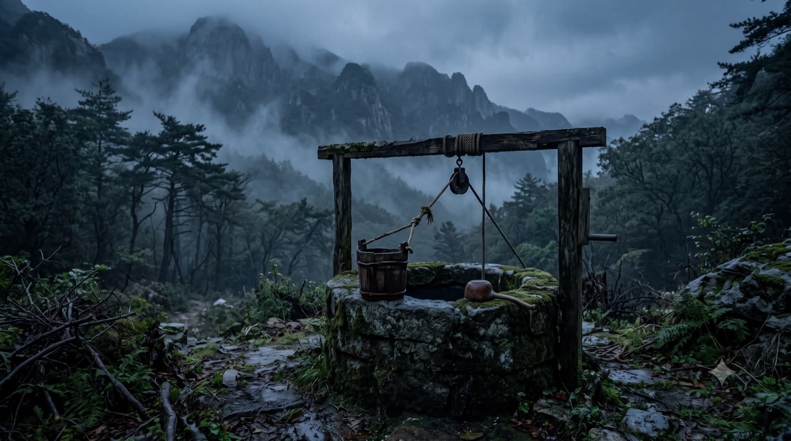 An old moss-covered stone well with a wooden bucket at the foot of misty mountains at dusk