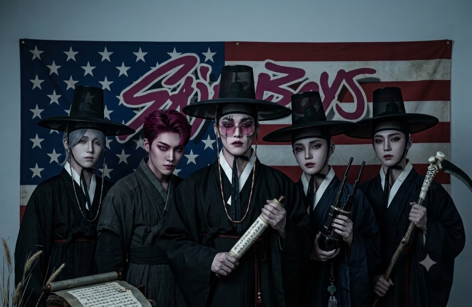 Five performers in black hanbok and gat hats styled as Korean grim reapers, inspired by the Saja Boys