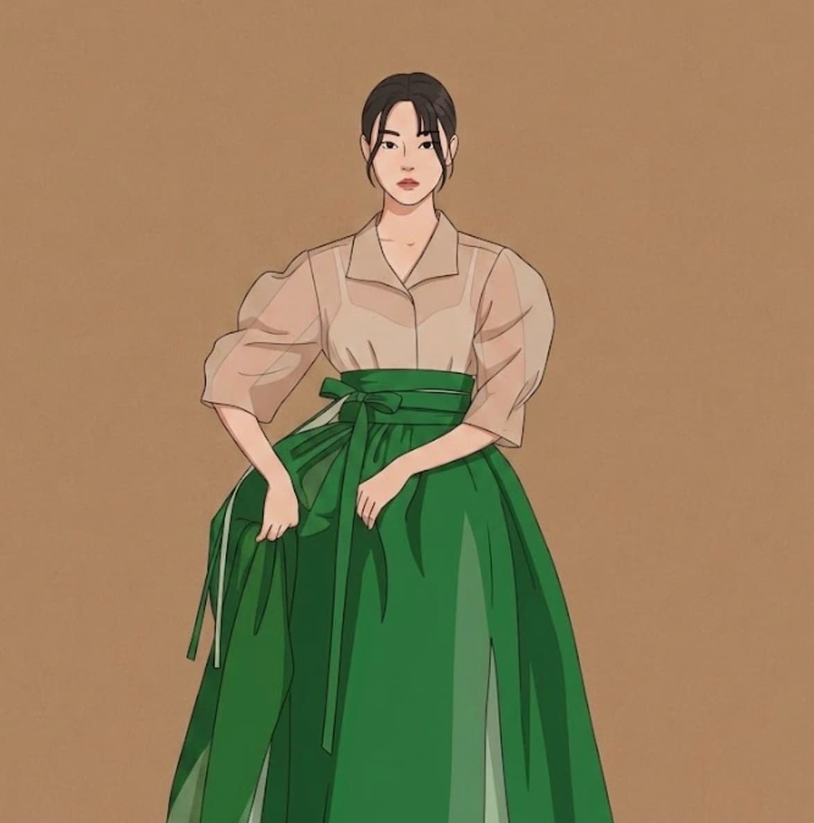 Illustration of a woman in a modern hanbok — a sheer blouse with a green wrap skirt tied in a bow
