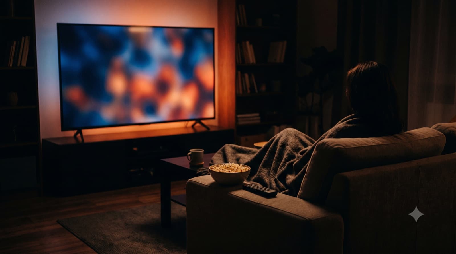 A cozy dark living room with a person under a blanket watching a glowing TV screen, popcorn on the sofa arm