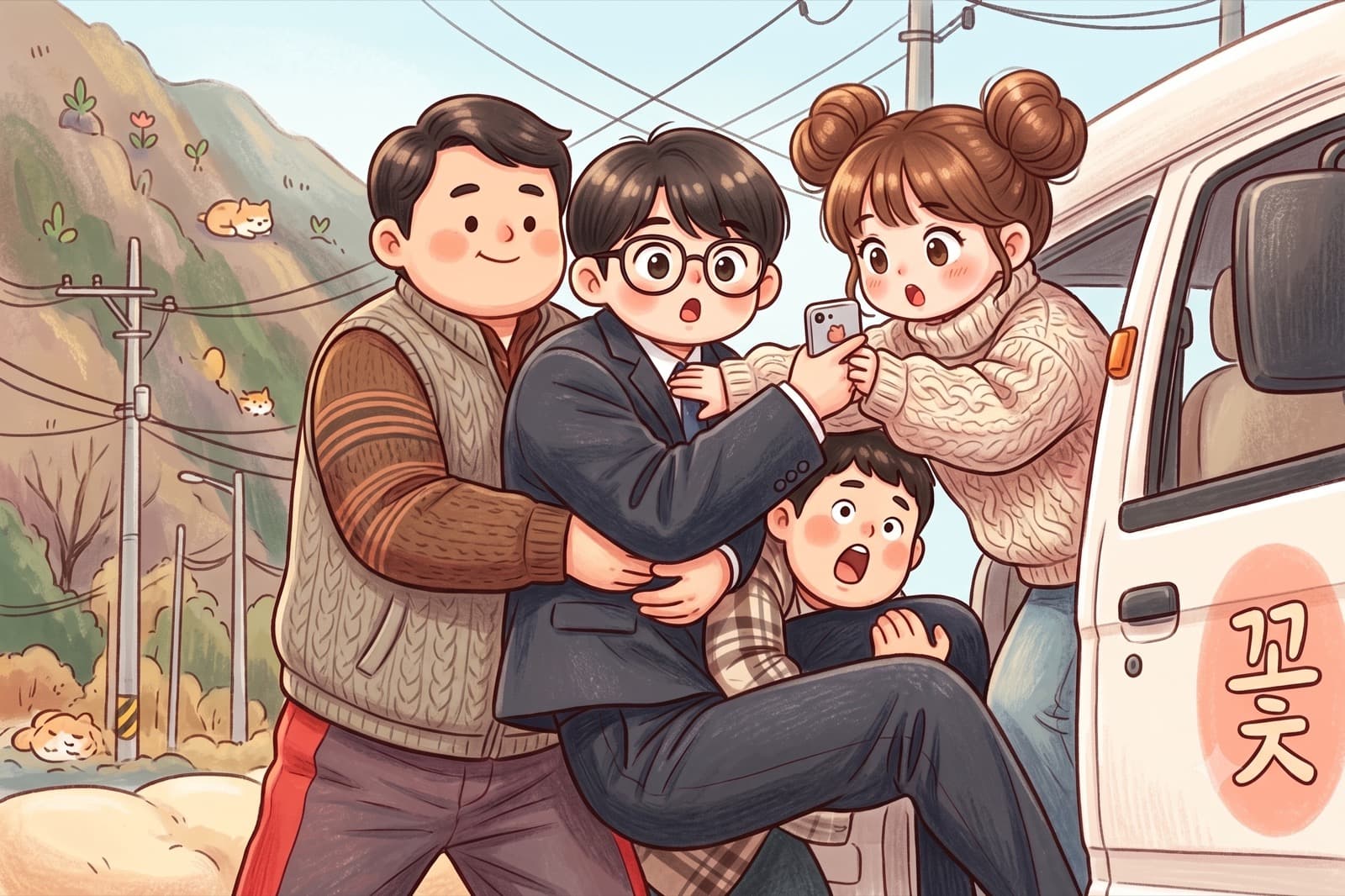 Illustration of four neighborhood misfits tangled together by a van on a country road, inspired by The WONDERfools